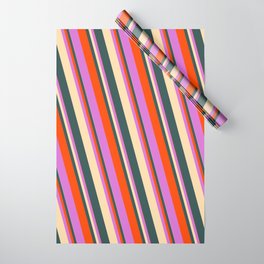 [ Thumbnail: Tan, Dark Slate Gray, Red & Orchid Colored Lined/Striped Pattern Wrapping Paper ]