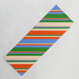 [ Thumbnail: Bisque, Red, Cornflower Blue & Forest Green Colored Stripes/Lines Pattern Yoga Mat ]