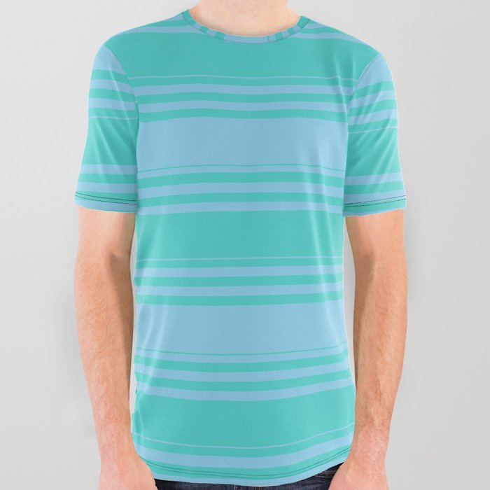 Sky Blue & Turquoise Colored Lines Pattern All Over Graphic Tee