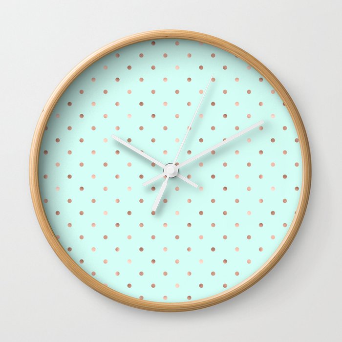 Mint Rose Gold Polka Dot Pattern Wall Clock By Nlmiller07art
