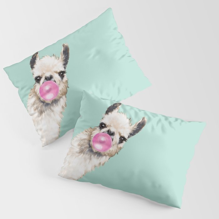 Bubble Gum Sneaky Llama in Green Pillow Sham