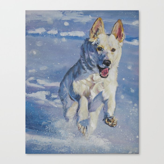White German Shepherd Art Runnng In Snow From An Original Painting