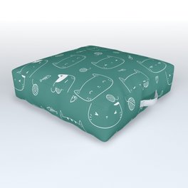 Green Blue and White Doodle Kitten Faces Pattern Outdoor Floor Cushion