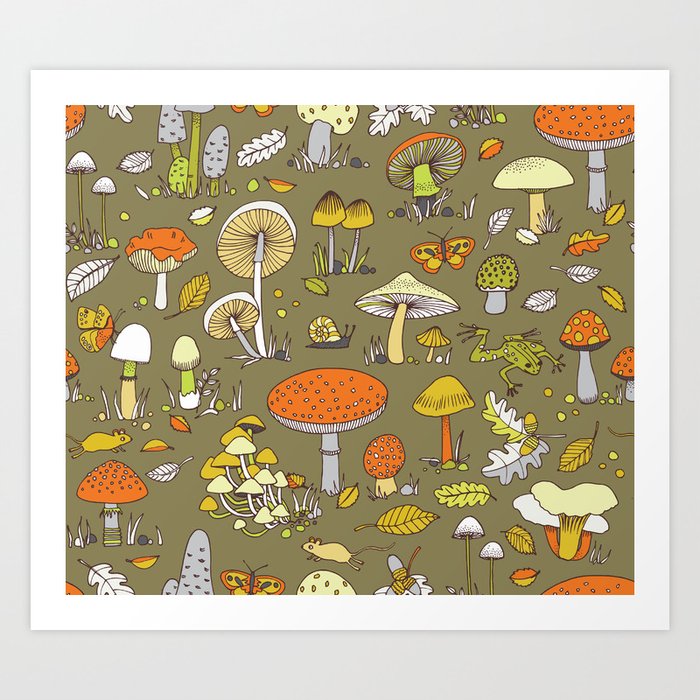 Forest Floor - mustard and orange _ fun fungus pattern by Cecca Designs Art Print