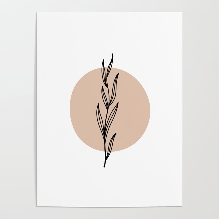 Contemporary Modern Botanical Leaf Branch Minimal Line Art - Earth Tone - Warm Neutral Shades Of Nature Tan Black Poster