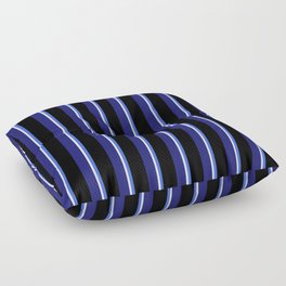 [ Thumbnail: Royal Blue, Black, Midnight Blue & White Colored Striped Pattern Floor Pillow ]