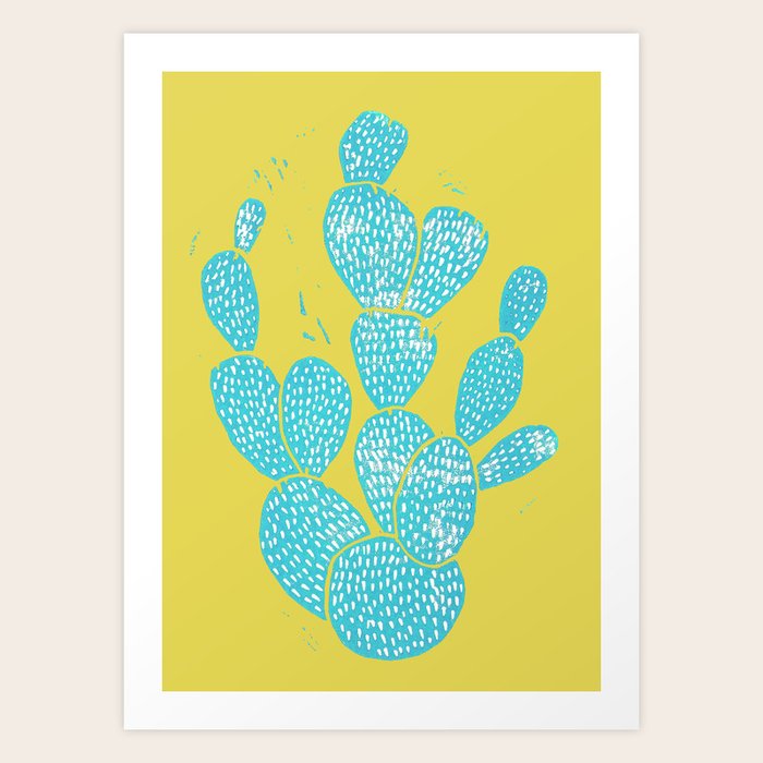 Linocut Cactus #1 Desert Blue Art Print by Bianca Green | Society6
