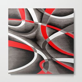 Eighties Red White and Grey Geometrical Curves On Black Metal Print | Painting, Bow, Bulge, Seamless, Pattern, Red, Crisscross, Arc, Black, Curl 