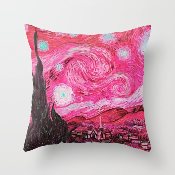 The Starry Night - La Nuit étoilée oil-on-canvas post-impressionist landscape masterpiece painting in alternate fuchsia pink and baby blue by Vincent van Gogh Throw Pillow