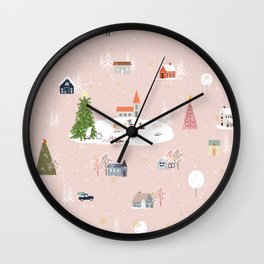 Seamless pattern Cute Christmas landscape in the town with fairy tale houses,car,polar bear playing ice skates and Christmas trees,Panorama flat design in village on Christmas eve Wall Clock