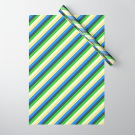 [ Thumbnail: Eyecatching Light Yellow, Tan, Blue, Dark Slate Gray, and Lime Green Colored Lined/Striped Pattern Wrapping Paper ]