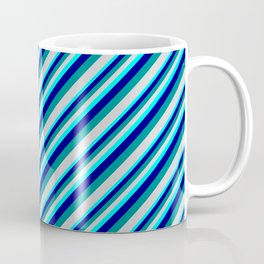 [ Thumbnail: Aqua, Blue, Dark Cyan, and Light Gray Colored Lined/Striped Pattern Coffee Mug ]