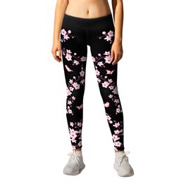 Cherry Blossom Pink Black Leggings | Graphicdesign, Butterflies, Floral, Curated, Feminine, Pinkcherry, Sakura, Plumblossom, Pink, Cherryblossoms 