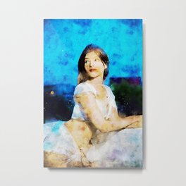 Woman In White Floral Dress Sitting On White Bench During Daytime Metal Print