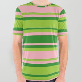 [ Thumbnail: Forest Green, Green, and Light Pink Colored Lined Pattern All Over Graphic Tee ]