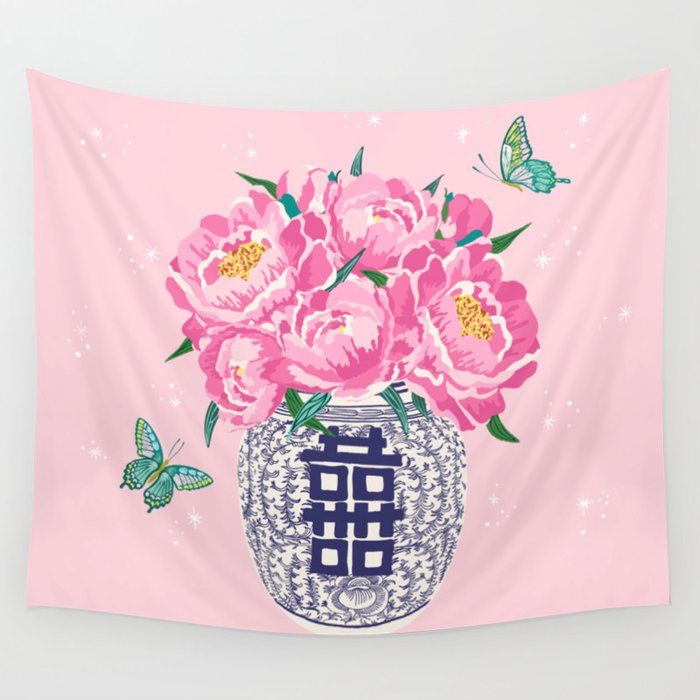 peony bouquet in ginger jar/pink Wall Tapestry