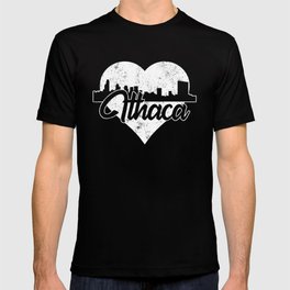 Retro Ithaca New York Skyline Heart Distressed T-shirt