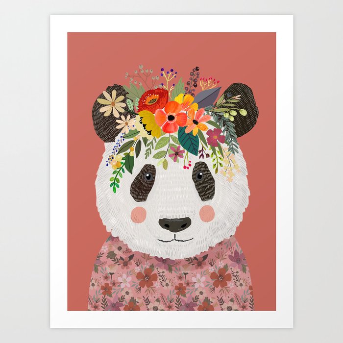 Cut Panda Bear with flower crown. Cute decor for kids Art Print