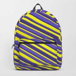 [ Thumbnail: Yellow, Slate Blue, and Dark Slate Blue Colored Lined/Striped Pattern Backpack ]