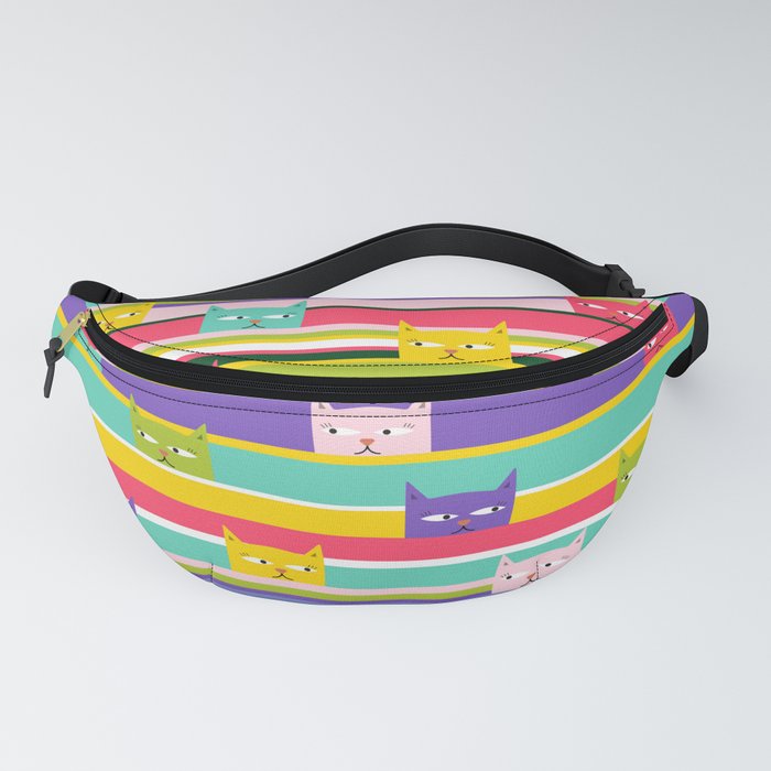 Colorful Peeking Cats on stripes Fanny Pack