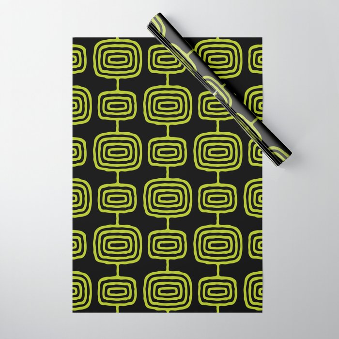 Mid Century Modern Atomic Rings Pattern Black and Chartreuse Wrapping Paper