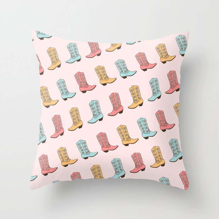 Cowgirl Boots and Daisies, Blush Pink, Mint, Cute Pastel Cowboy Pattern Throw Pillow