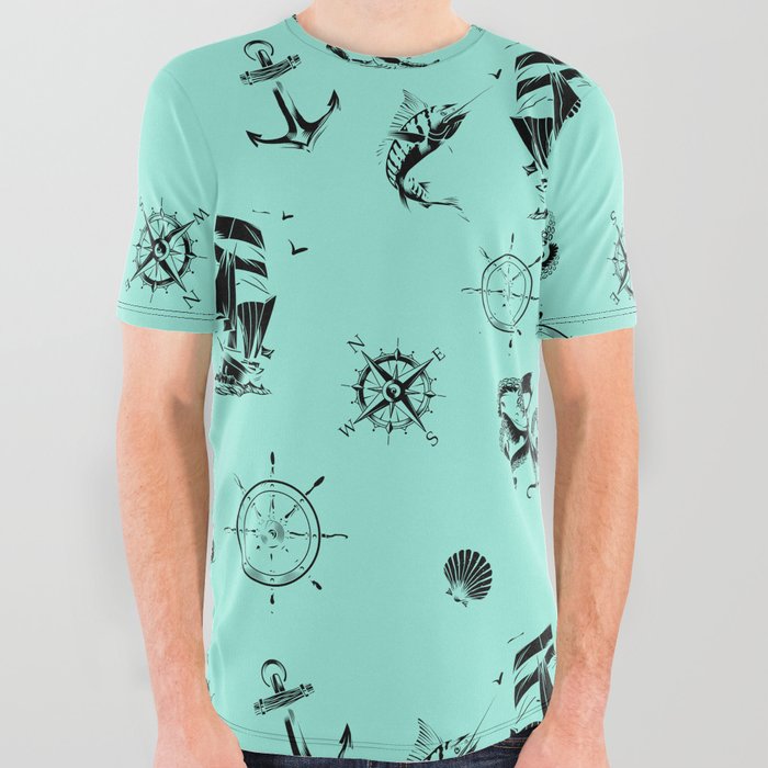 Mint Blue And Black Silhouettes Of Vintage Nautical Pattern All Over Graphic Tee