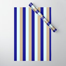 [ Thumbnail: Tan, Dark Blue & Light Cyan Colored Lines Pattern Wrapping Paper ]