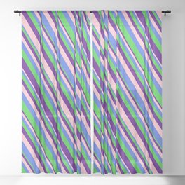 [ Thumbnail: Pink, Royal Blue, Lime Green, and Indigo Colored Lined/Striped Pattern Sheer Curtain ]