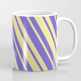 [ Thumbnail: Tan and Slate Blue Colored Lined/Striped Pattern Coffee Mug ]