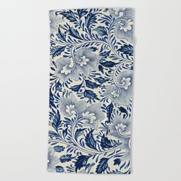Antique Blue and White Floral China Pattern Beach Towel