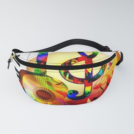 Colorful  music instruments painting, guitar, treble clef, piano, musical notes, flying birds Fanny Pack