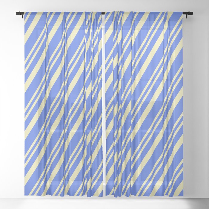 Royal Blue & Pale Goldenrod Colored Stripes/Lines Pattern Sheer Curtain