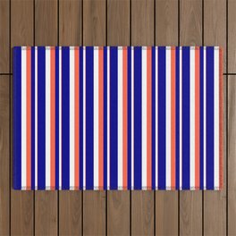 [ Thumbnail: Red, White, and Dark Blue Colored Stripes Pattern Outdoor Rug ]