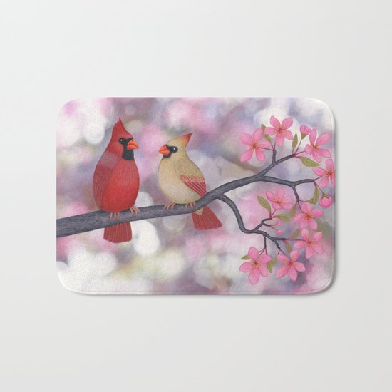 cardinals and crab apple blossoms Bath Mat