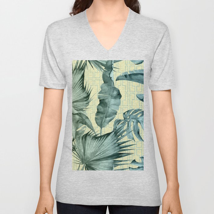 Simply Island Mod Palm Leaves on Pale Yellow V Neck T Shirt