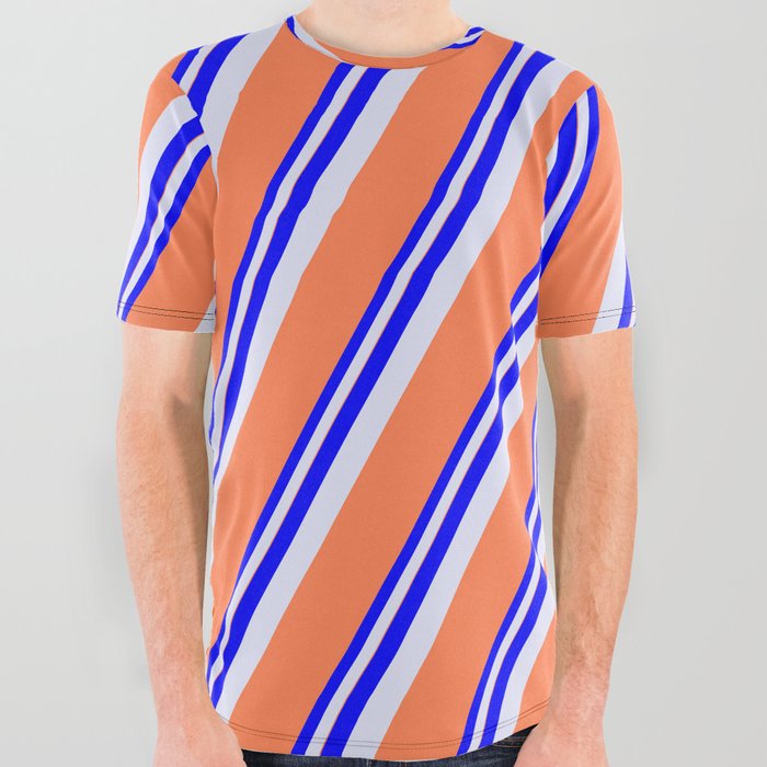 Blue, Lavender & Coral Colored Lines/Stripes Pattern All Over Graphic Tee