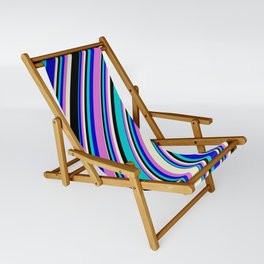[ Thumbnail: Eye-catching Dark Turquoise, Blue, Orchid, Beige, and Black Colored Stripes Pattern Sling Chair ]