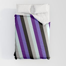 [ Thumbnail: Slate Blue, Indigo, Light Cyan, Grey, and Black Colored Lines/Stripes Pattern Comforter ]