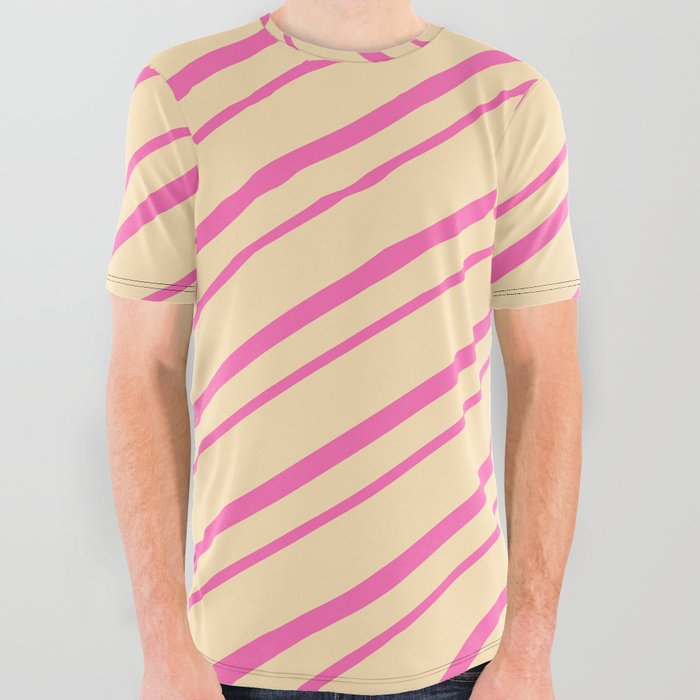 Hot Pink & Beige Colored Lines/Stripes Pattern All Over Graphic Tee