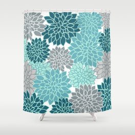 Dahlia Floral Blooms in Teal and Gray Shower Curtain