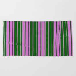 [ Thumbnail: Orchid & Dark Green Colored Striped Pattern Beach Towel ]