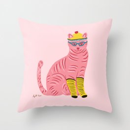 Pink cat with yellow socks  Throw Pillow