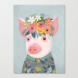 Pig with floral crown, farm animal Canvas Print