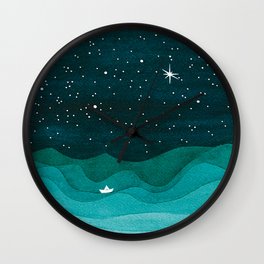 Starry Ocean, teal sailboat watercolor sea waves night Wall Clock