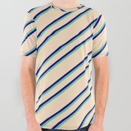 [ Thumbnail: Bisque, Blue, and Aquamarine Colored Lines Pattern All Over Graphic Tee ]