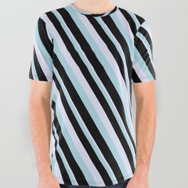 [ Thumbnail: Lavender, Light Blue, and Black Colored Lined Pattern All Over Graphic Tee ]