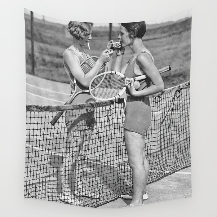 Tennis Players Taking a Cigarette Break, Black and White Vintage Art Wall Tapestry