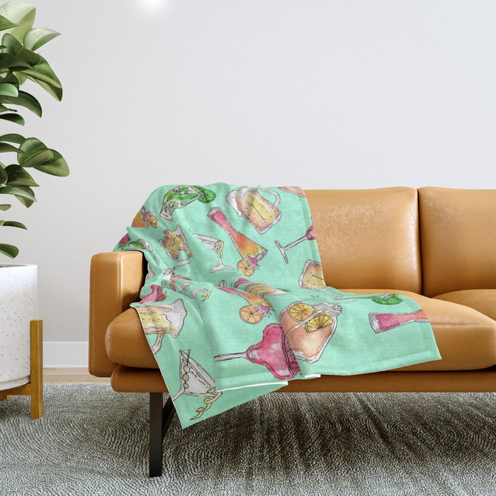 Fun Summer Watercolor Painted Mixed Drinks Pattern Throw Blanket