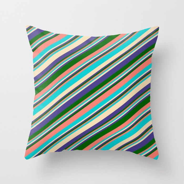 Colorful Salmon, Dark Turquoise, Tan, Dark Slate Blue & Dark Green Colored Lines/Stripes Pattern Throw Pillow